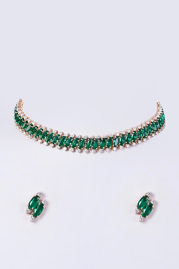 Gold Finish Zircon & Emerald Stone Necklace Set by Aster at Pernia's Pop Up Shop