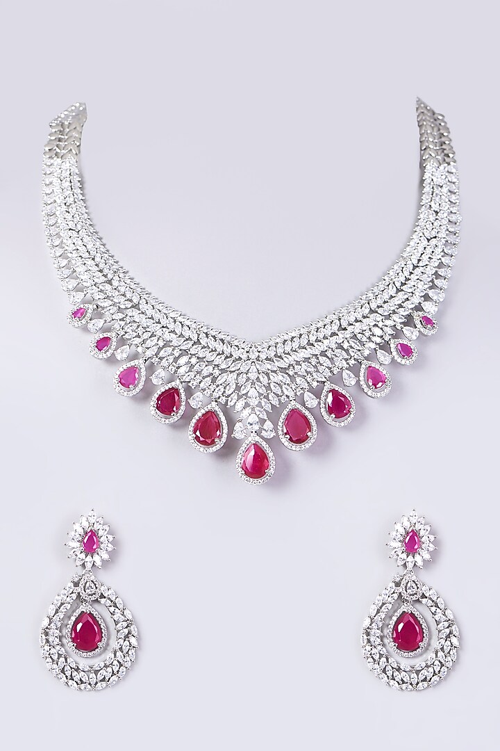 White Finish Faux Diamond & Pink Zircons Necklace Set by Aster at Pernia's Pop Up Shop