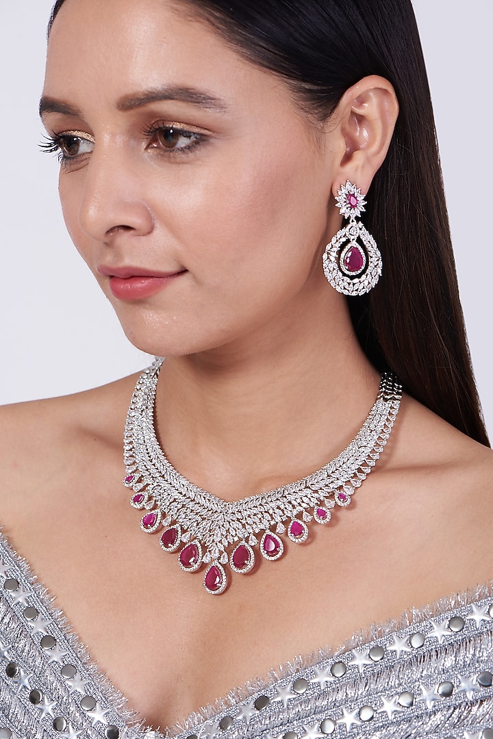 White Finish Faux Diamond & Pink Zircons Necklace Set by Aster at Pernia's Pop Up Shop