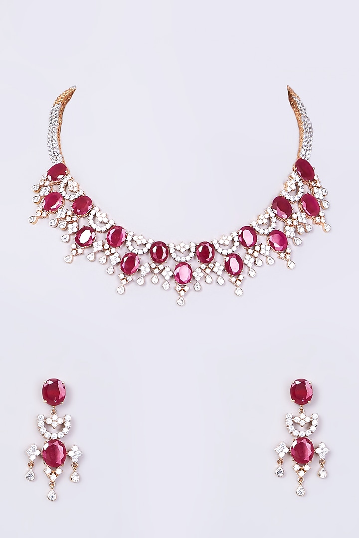 Gold Finish Zircon & Red Stone Necklace Set by Aster at Pernia's Pop Up Shop