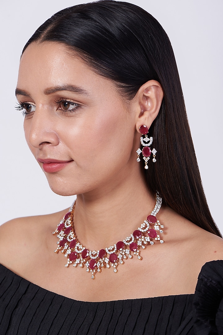 Gold Finish Zircon & Red Stone Necklace Set by Aster at Pernia's Pop Up Shop