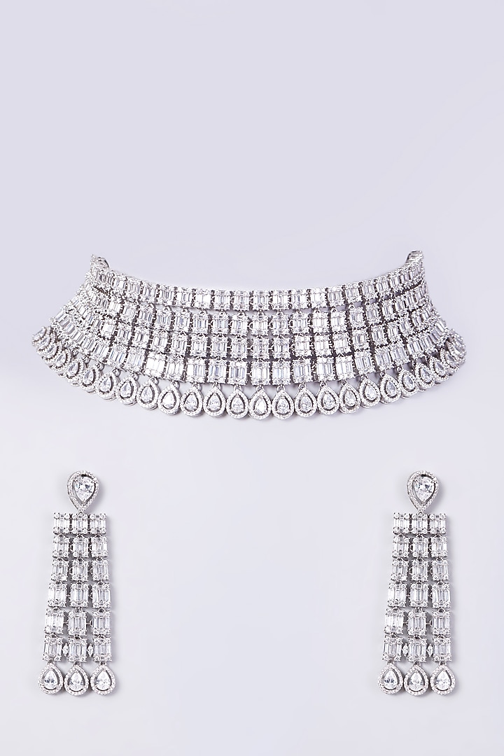 White Finish Necklace Set With Zircons by Aster at Pernia's Pop Up Shop
