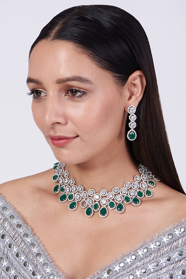 White Finish Necklace Set With Faux Diamonds by Aster at Pernia's Pop Up Shop