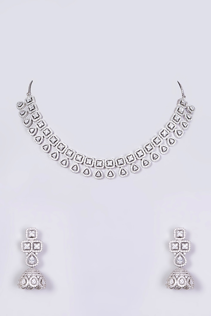White Finish Necklace Set With Faux Diamonds & Zircons by Aster at Pernia's Pop Up Shop