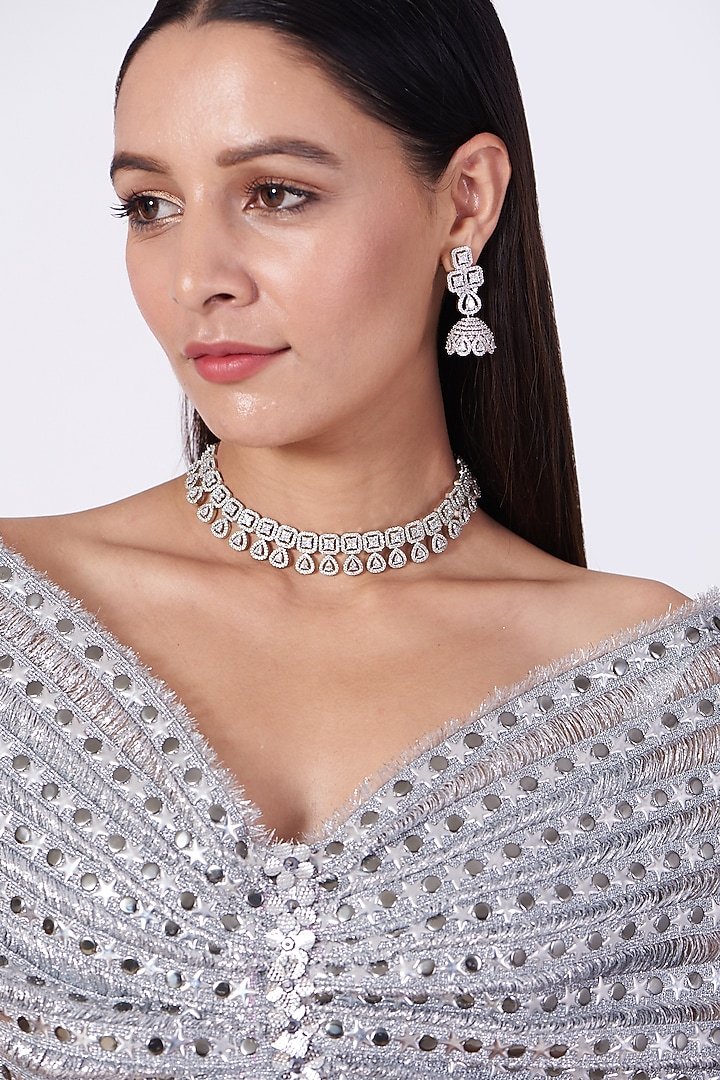 White Finish Necklace Set With Faux Diamonds & Zircons by Aster at Pernia's Pop Up Shop