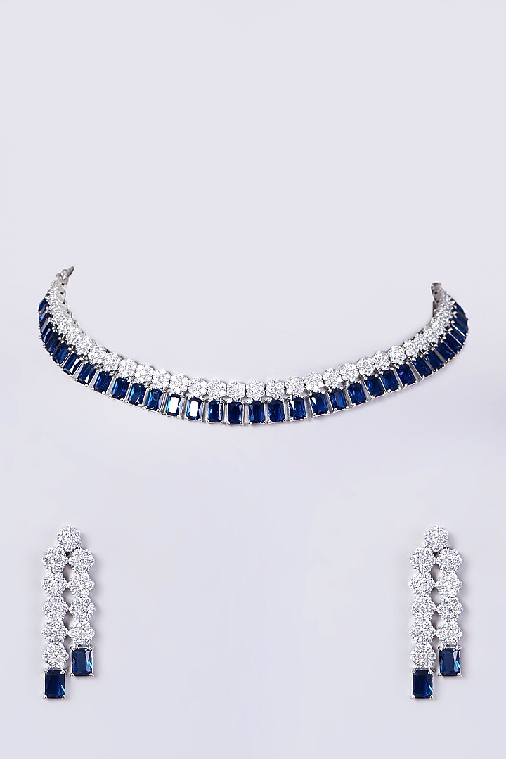 White Finish Necklace Set With Blue Zircons by Aster at Pernia's Pop Up Shop