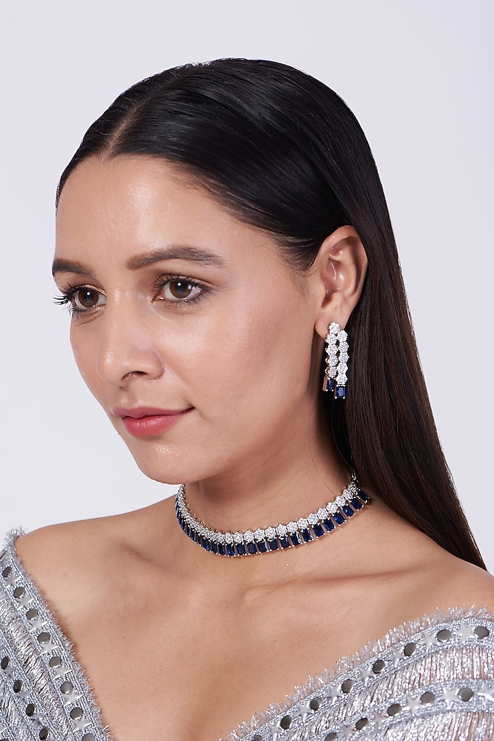 White Finish Necklace Set With Blue Zircons by Aster at Pernia's Pop Up Shop