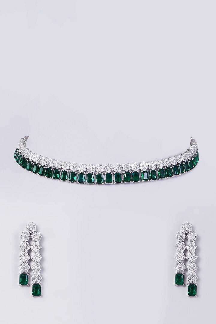 White Finish Necklace Set With Green Zircons by Aster at Pernia's Pop Up Shop