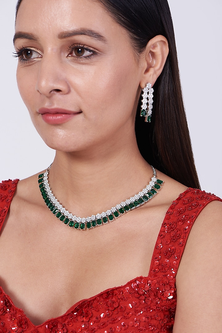 White Finish Necklace Set With Green Zircons by Aster at Pernia's Pop Up Shop