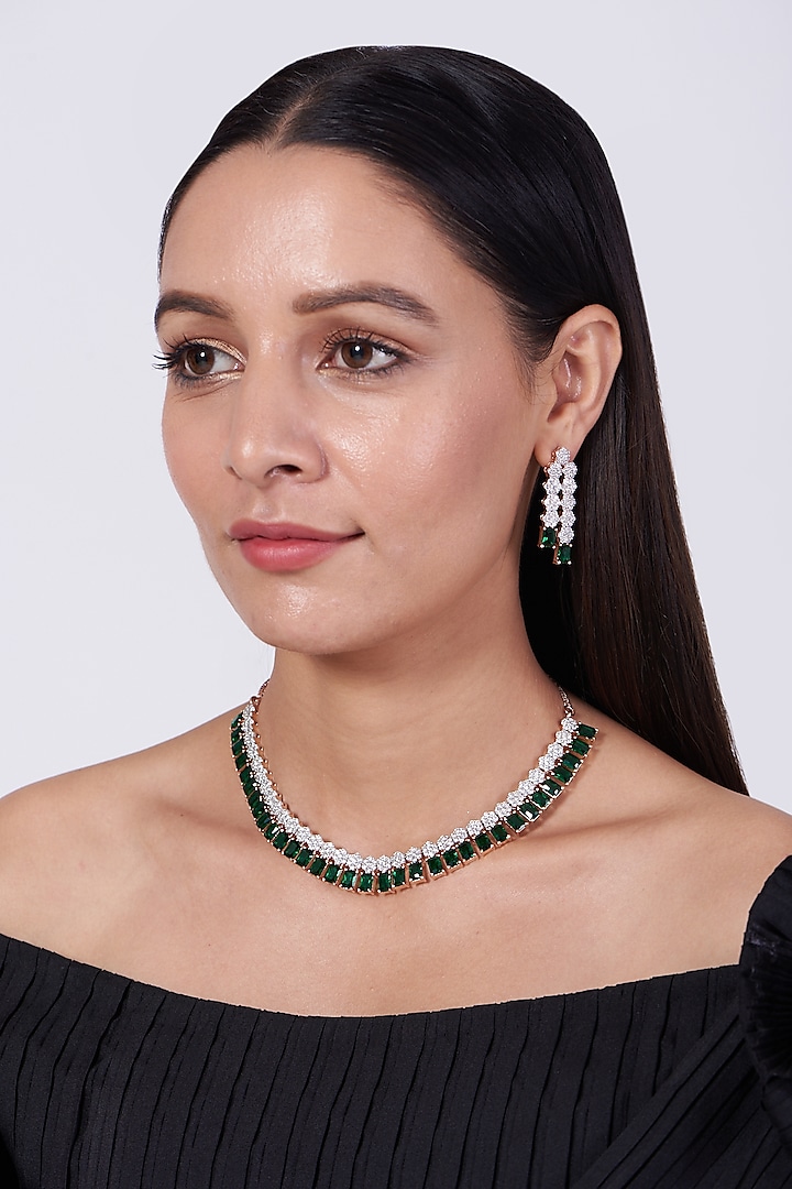 Rose Gold Finish Green Zircon Necklace Set by Aster