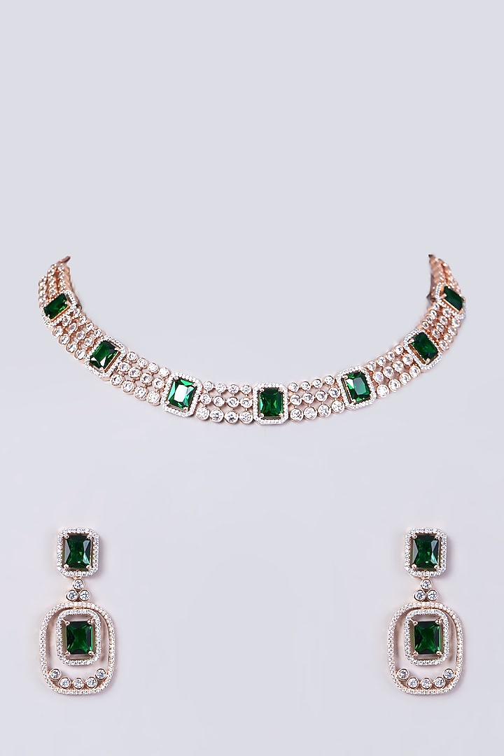Rose Gold Finish Necklace Set With Green Zircons by Aster at Pernia's Pop Up Shop