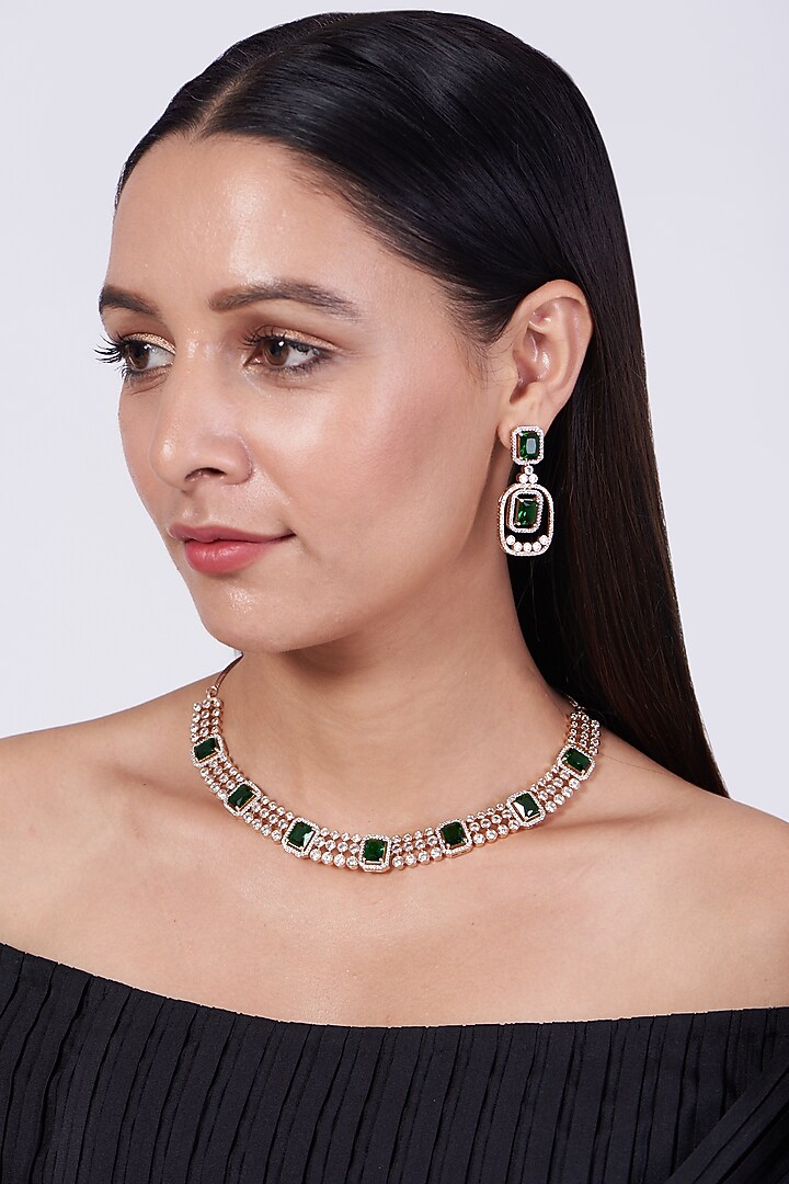 Rose Gold Finish Necklace Set With Green Zircons by Aster at Pernia's Pop Up Shop