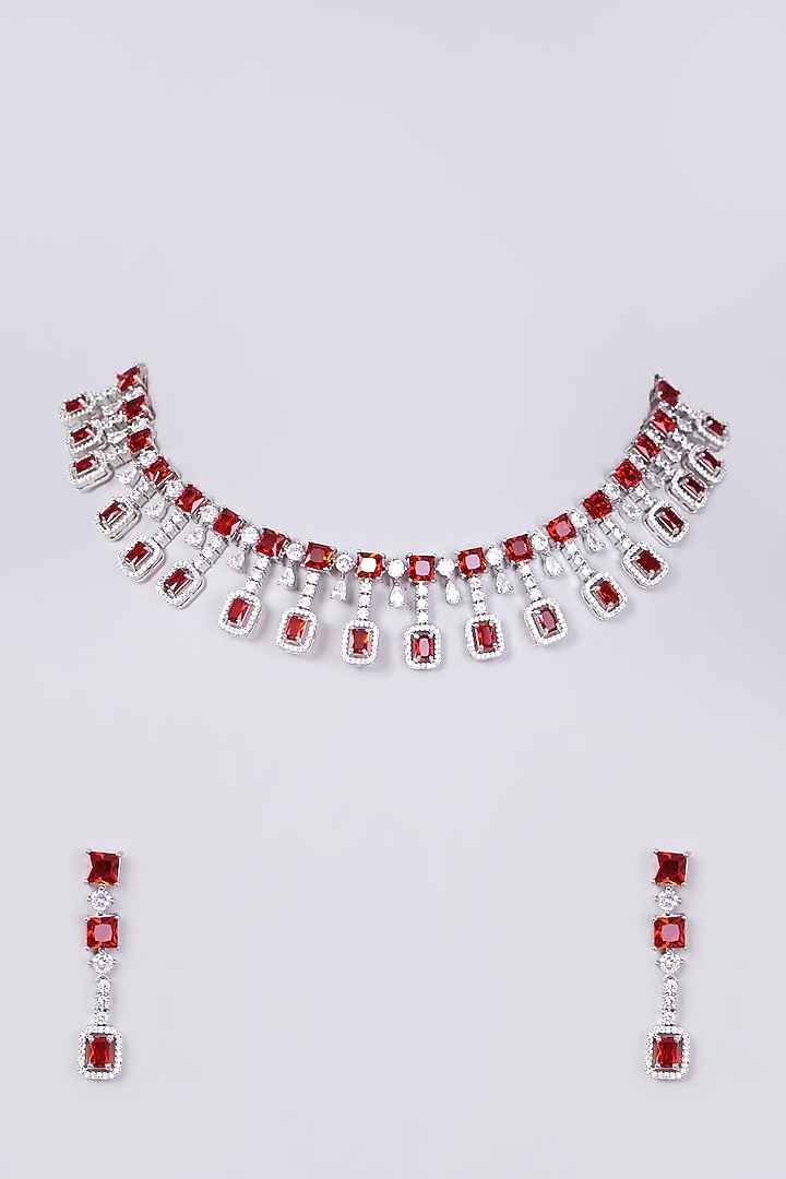 White Finish Necklace Set With Red Zircons by Aster at Pernia's Pop Up Shop
