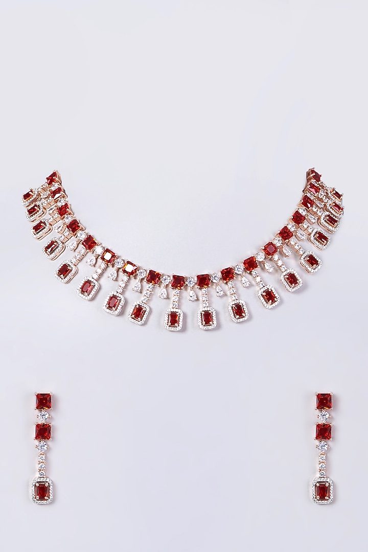 Rose Gold Finish Necklace Set With Red Zircons by Aster at Pernia's Pop Up Shop