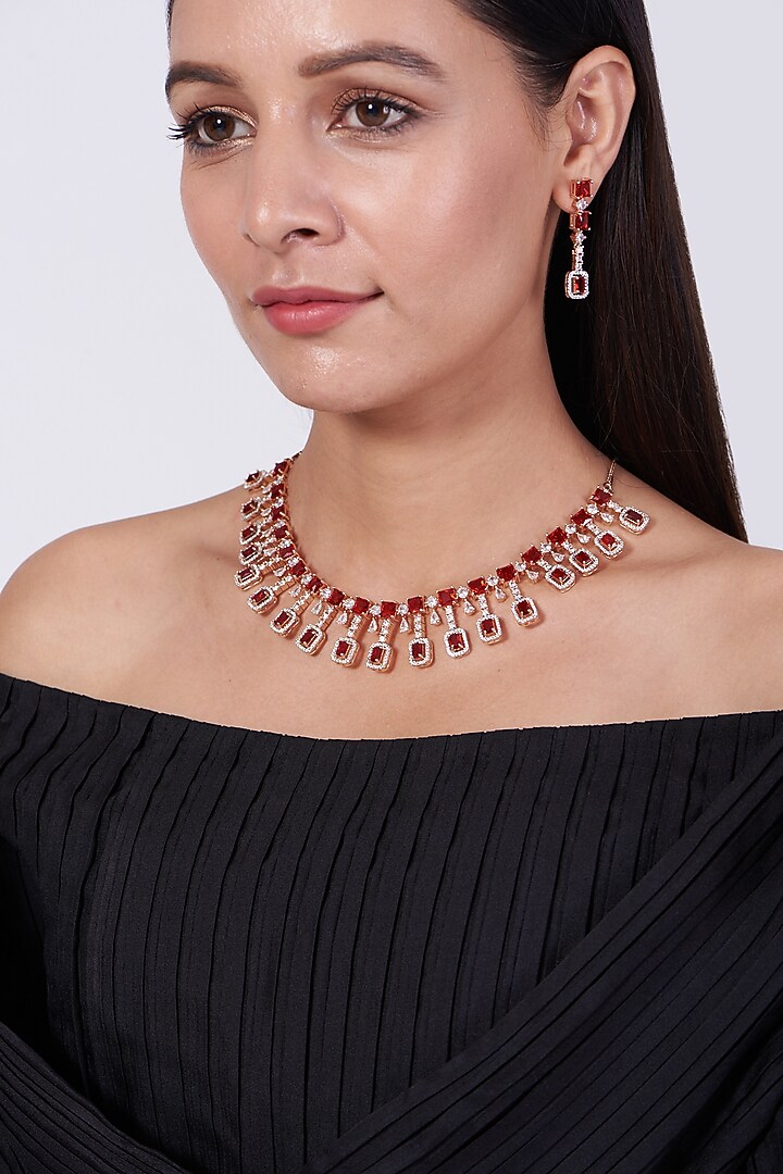 Rose Gold Finish Necklace Set With Red Zircons by Aster at Pernia's Pop Up Shop