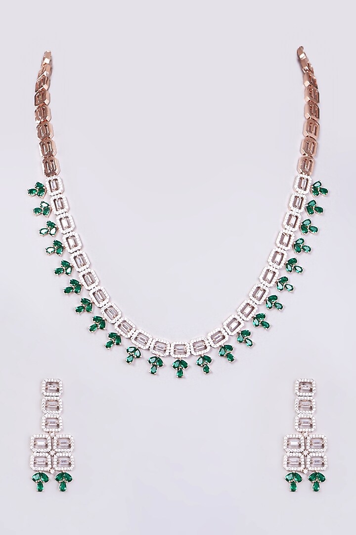 Two Tone Finish Zircon & Green Stone Necklace Set by Aster at Pernia's Pop Up Shop