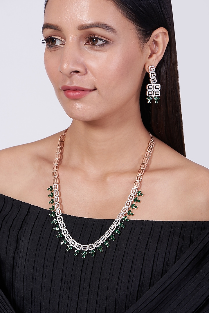 Two Tone Finish Zircon & Green Stone Necklace Set by Aster at Pernia's Pop Up Shop
