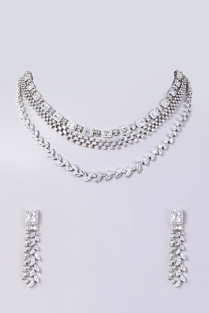 White Finish Faux Diamonds Necklace Set In Mixed Metal by Aster at Pernia's Pop Up Shop