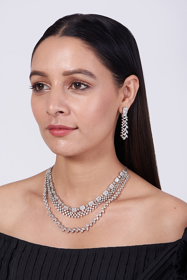 White Finish Faux Diamonds Necklace Set In Mixed Metal by Aster at Pernia's Pop Up Shop
