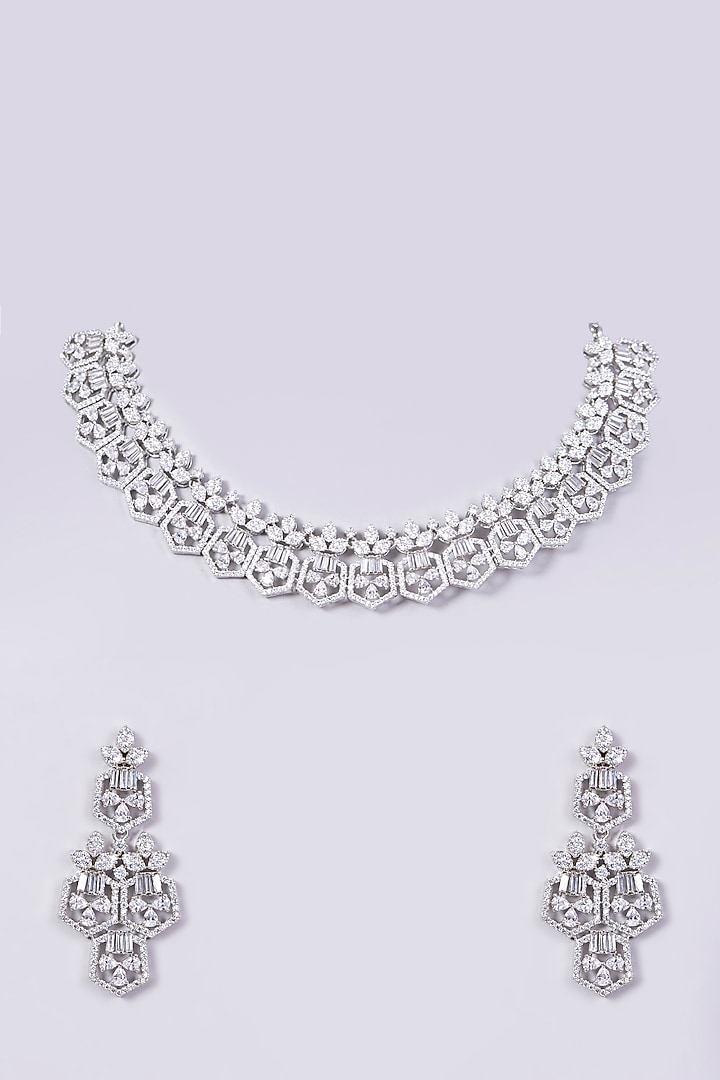 White Finish Faux Diamonds Necklace Set by Aster at Pernia's Pop Up Shop