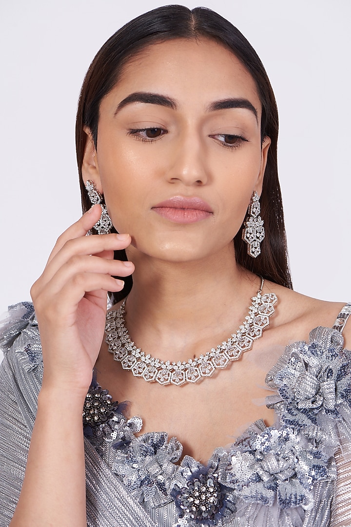 White Finish Faux Diamonds Necklace Set by Aster at Pernia's Pop Up Shop