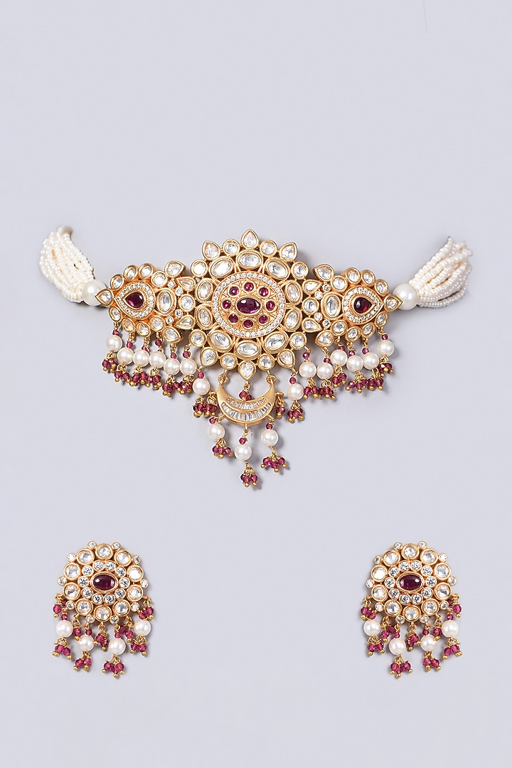 Gold Finish Pearl & Kundan Polki Necklace Set by VASTRAA Jewellery at Pernia's Pop Up Shop