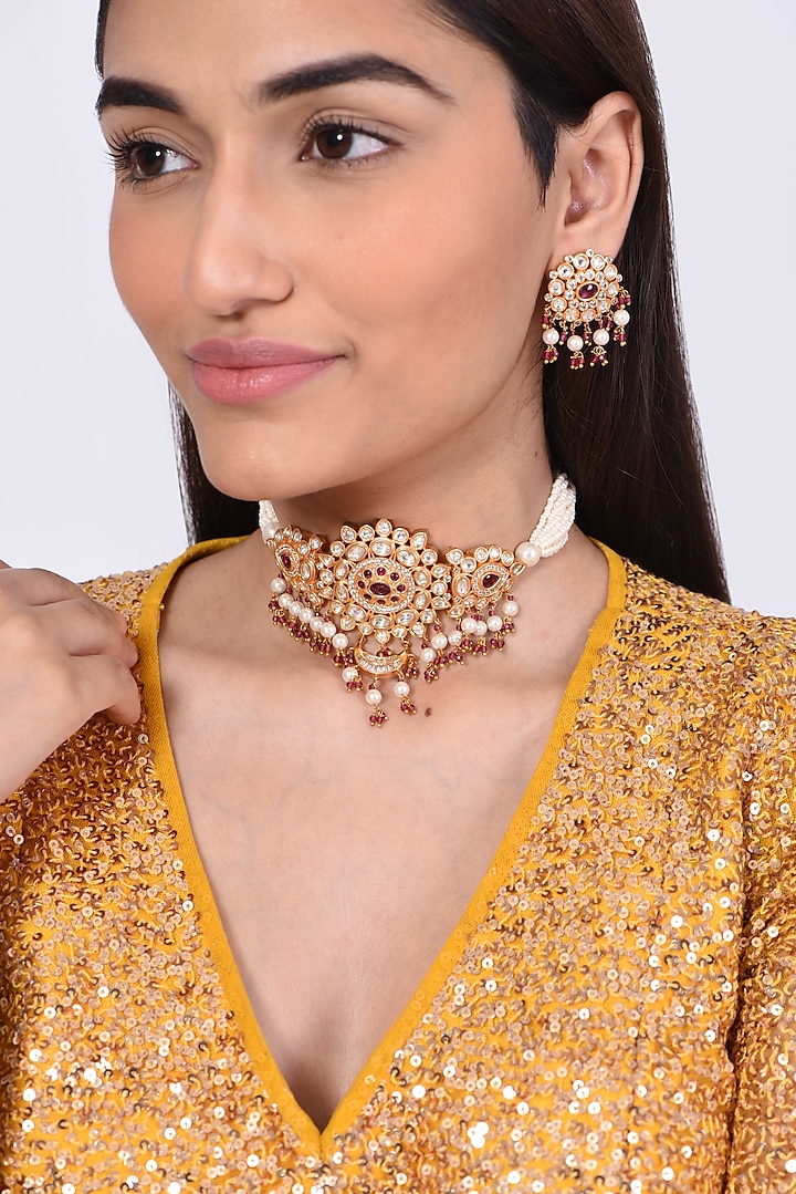 Gold Finish Pearl & Kundan Polki Necklace Set by VASTRAA Jewellery