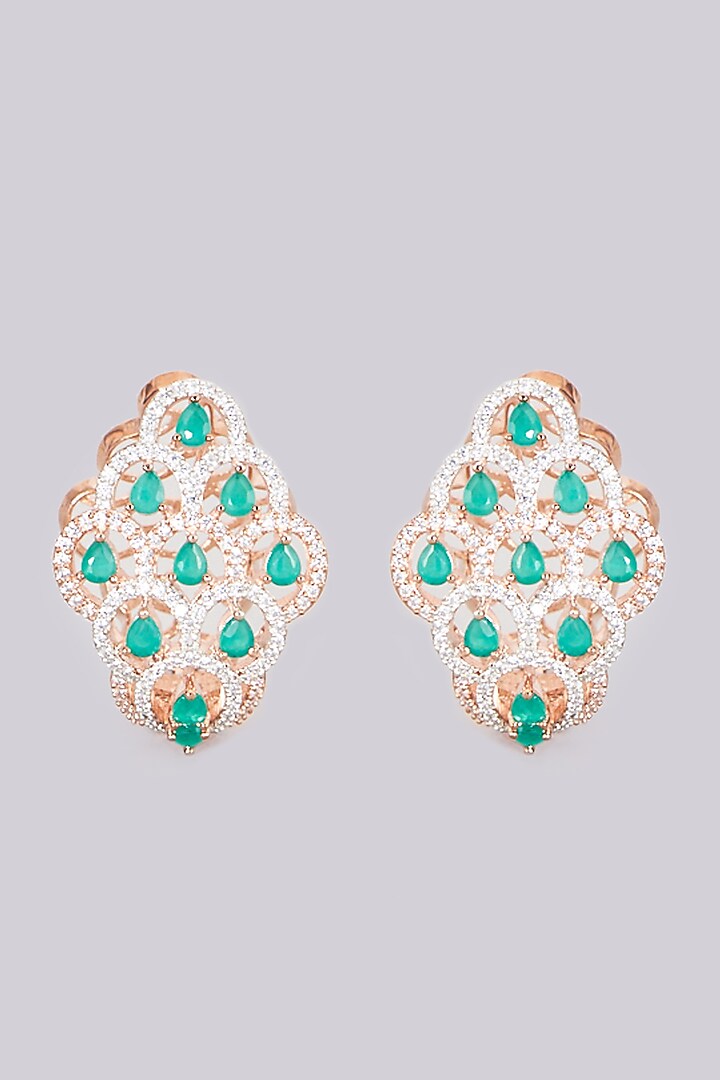 Rose Gold Finish Earrings With Green Stones by Aster at Pernia's Pop Up Shop