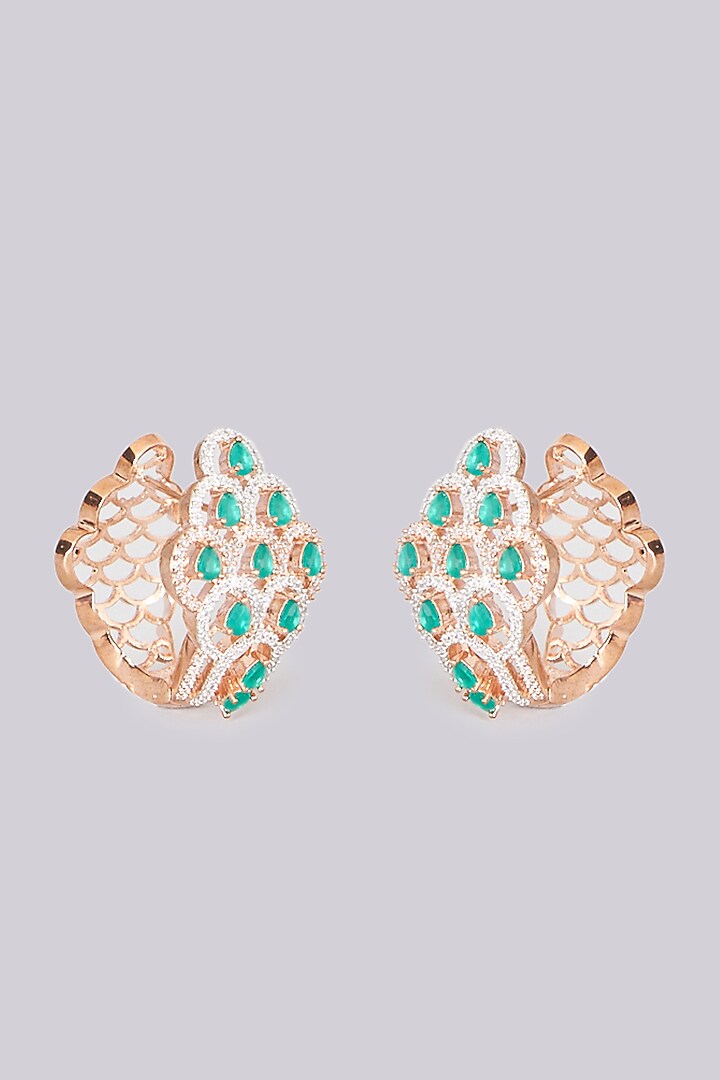 Rose Gold Finish Earrings With Green Stones by Aster at Pernia's Pop Up Shop