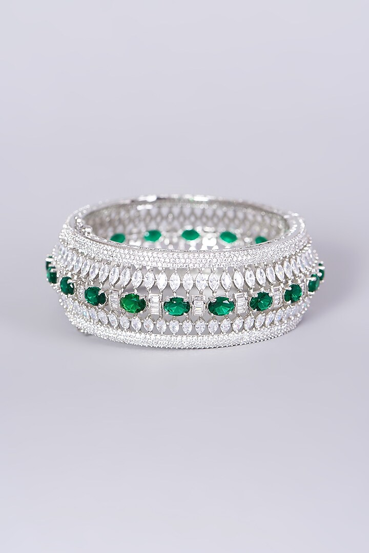 White Finish Faux Diamonds & Green Zircons Bangle by Aster at Pernia's Pop Up Shop