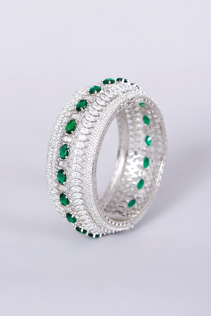 White Finish Faux Diamonds & Green Zircons Bangle by Aster at Pernia's Pop Up Shop