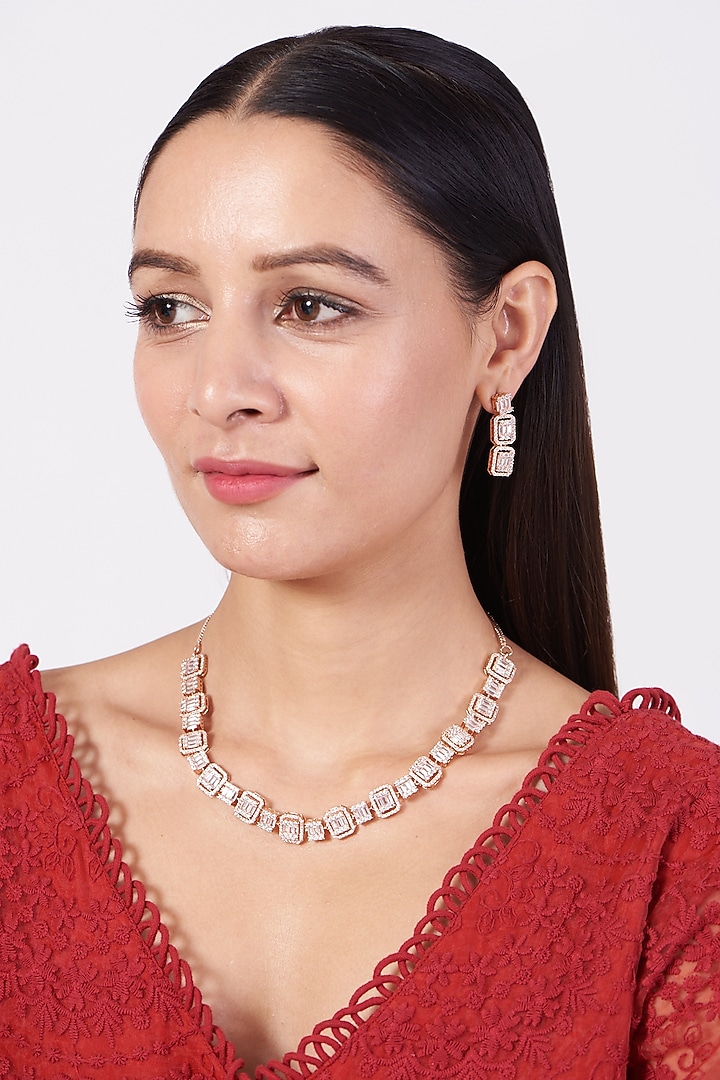 Rose Gold Finish Faux Diamond & Zirconia Necklace Set by Aster at Pernia's Pop Up Shop