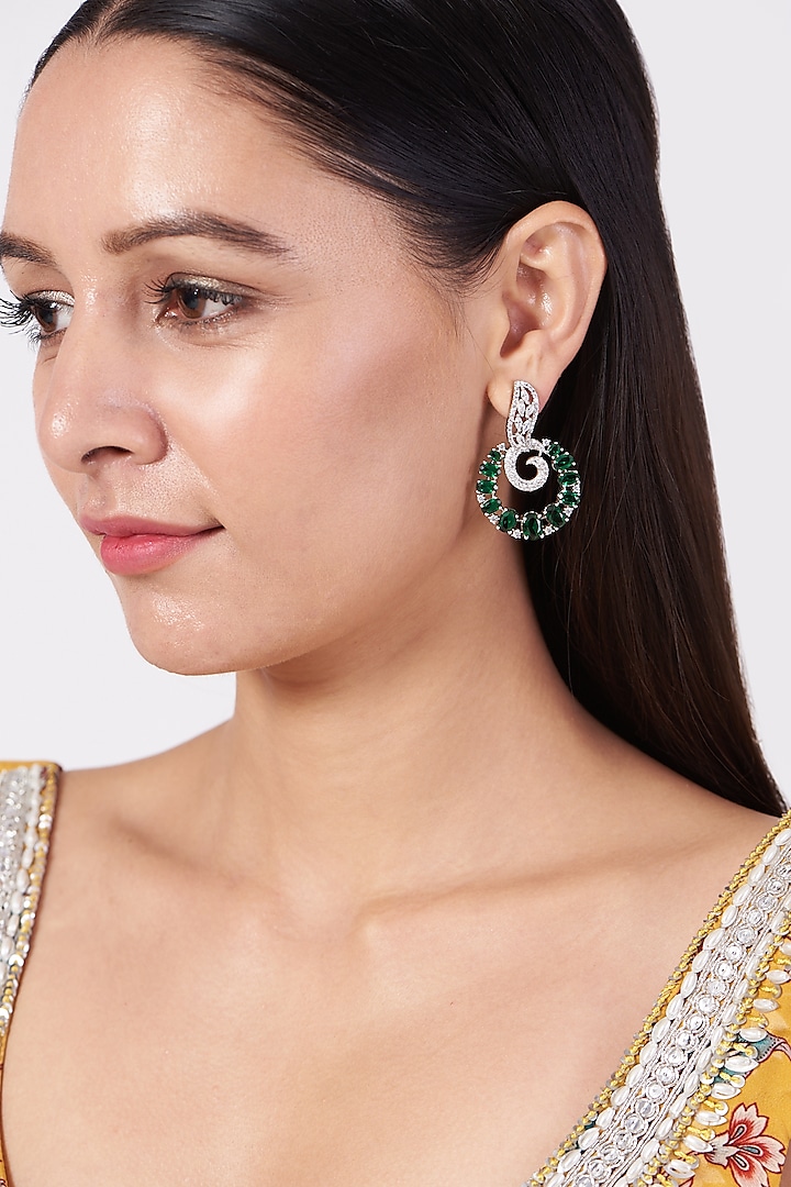 White Finish Zircon & Green Synthetic Stones Earrings by Aster