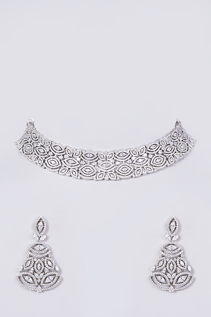 White Finish Faux Diamond Necklace Set by Aster at Pernia's Pop Up Shop
