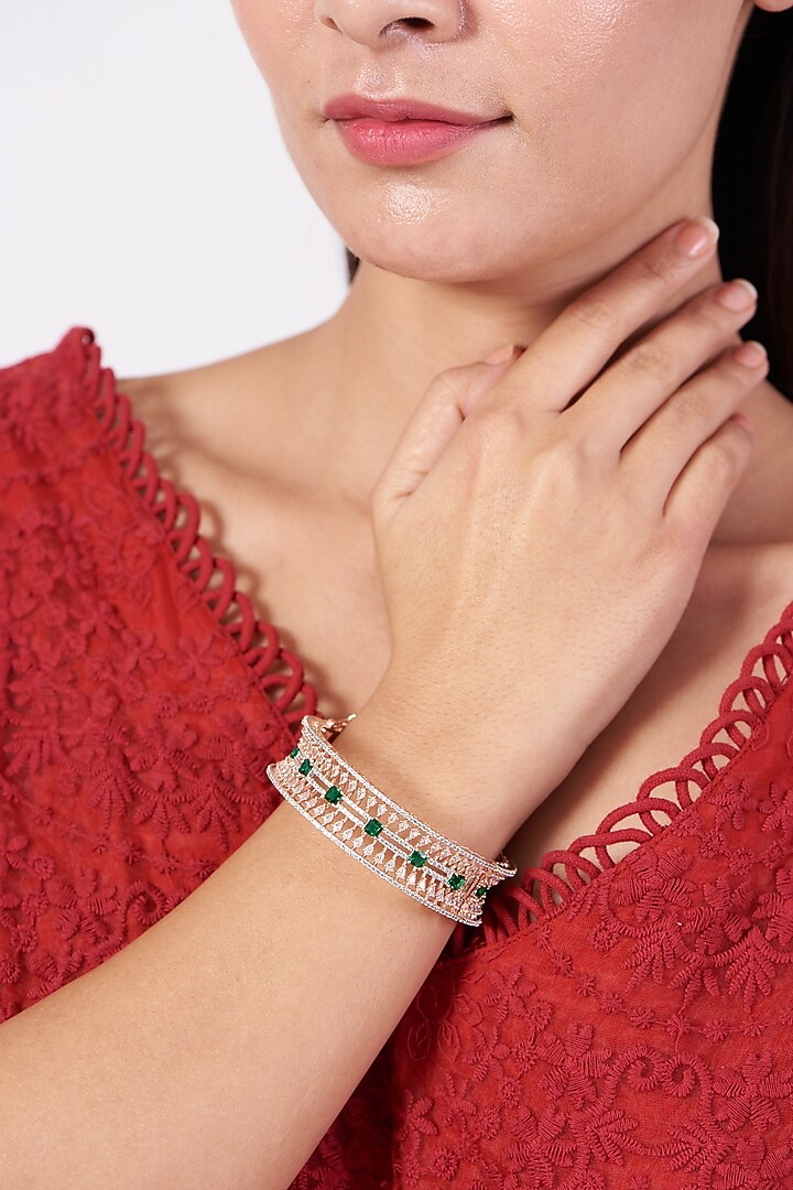 Rose Gold Finish Bangle With Green Stones by Aster at Pernia's Pop Up Shop