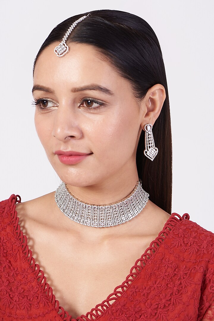 White Finish Faux Diamond Necklace Set by Aster at Pernia's Pop Up Shop