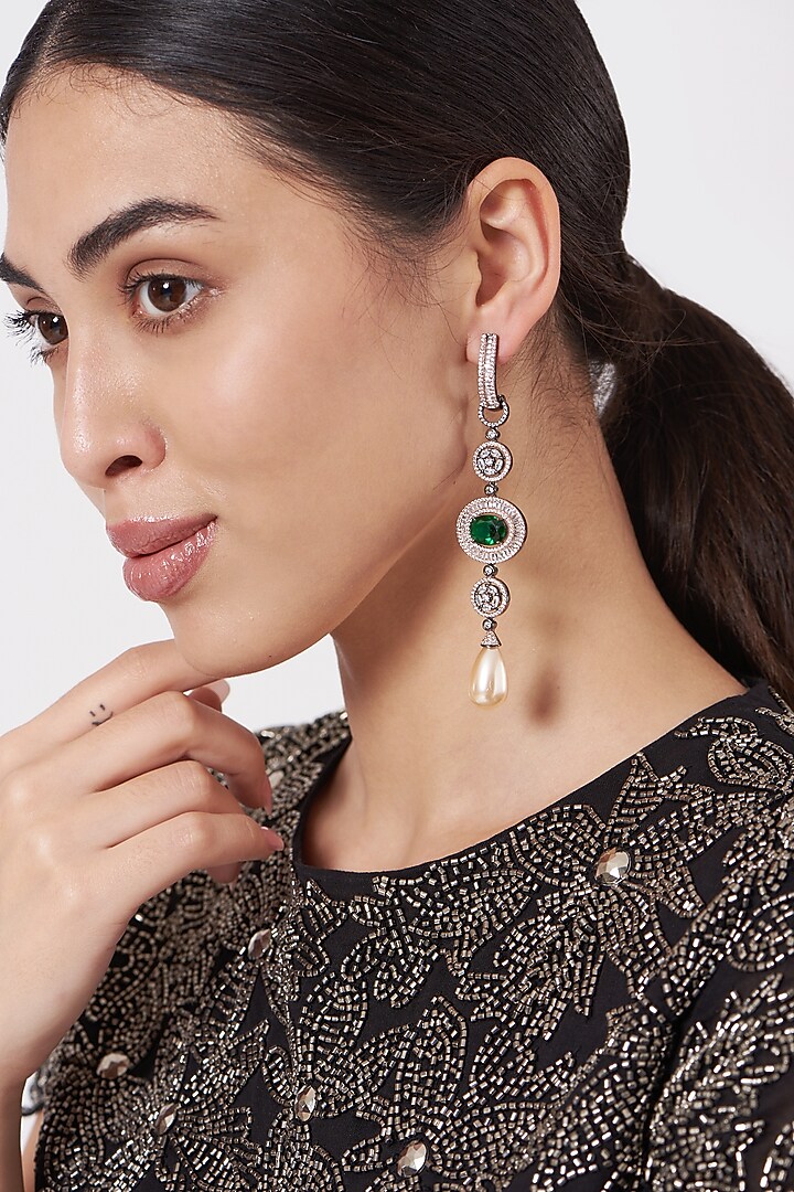 Black Rhodium Finish Zircon & Pearl Earrings by Aster at Pernia's Pop Up Shop