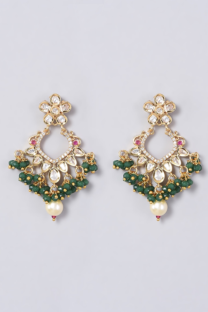 Gold Finish Kundan Polki & Green Beaded Earrings by VASTRAA Jewellery at Pernia's Pop Up Shop