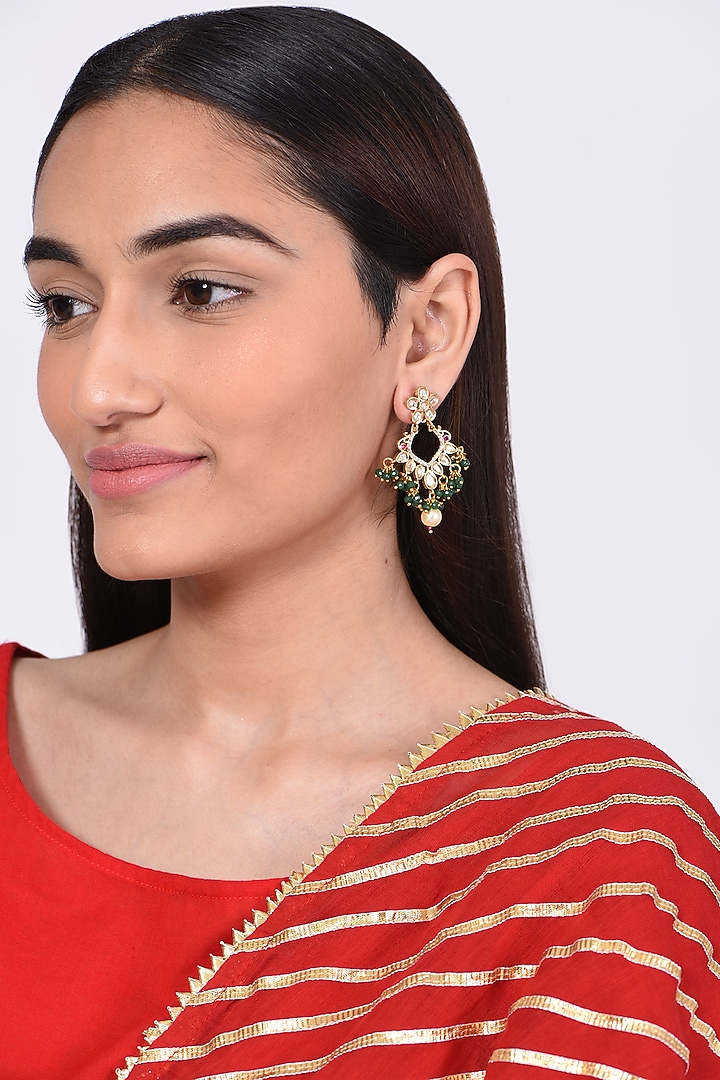 Golden, Green, Creme, White , Kundan Polki, Earrings
