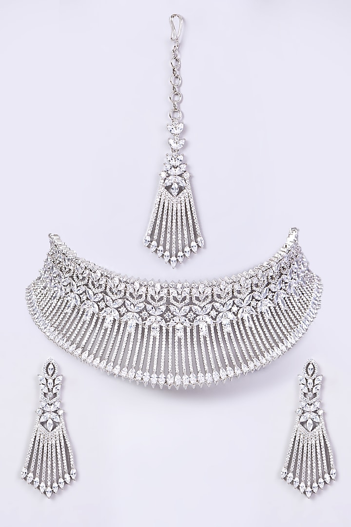 White Finish Necklace Set With Faux Diamond by Aster at Pernia's Pop Up Shop