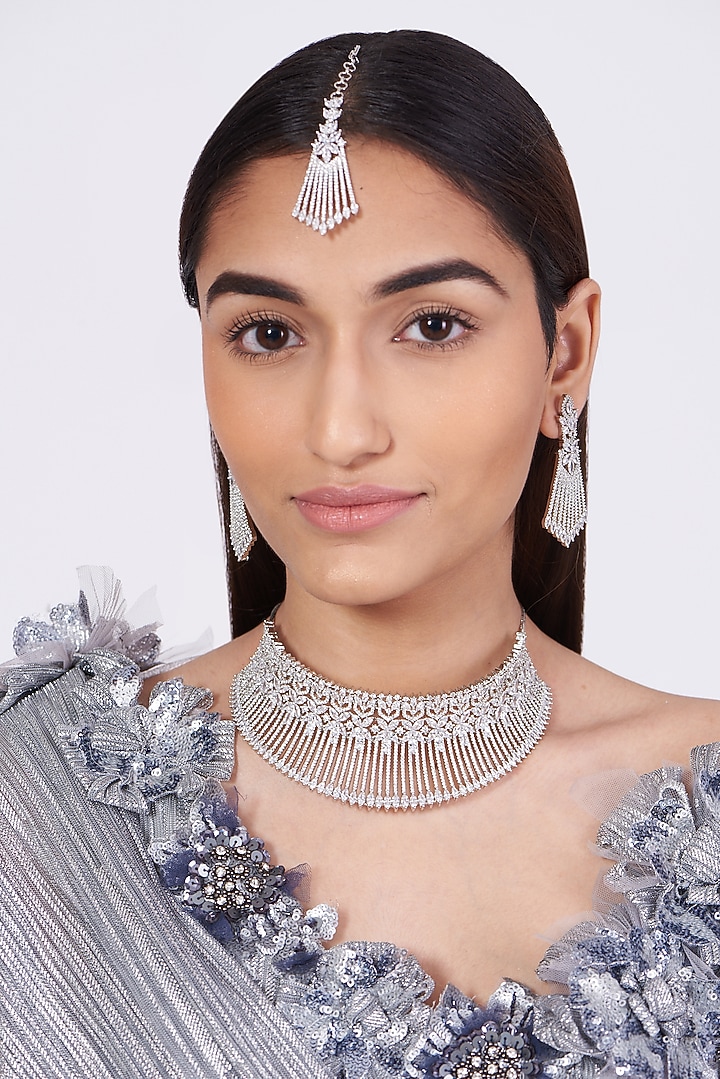 White Finish Necklace Set With Faux Diamond by Aster at Pernia's Pop Up Shop