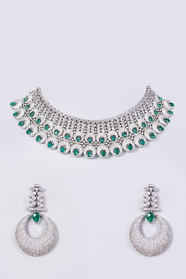 White Finish Necklace Set With Green Stones by Aster at Pernia's Pop Up Shop