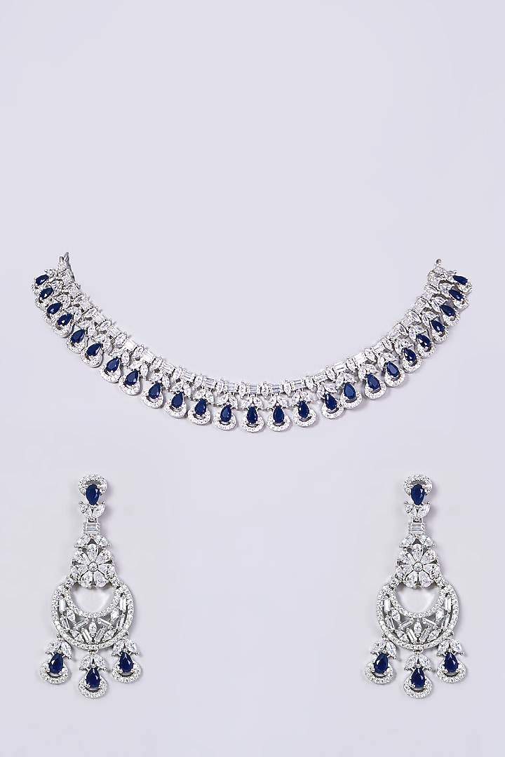White Finish Necklace Set With Blue Stones Design by Aster at Pernia's