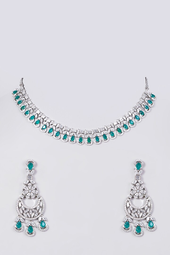 White Finish Faux Diamond Necklace Set With Green Stones by Aster at Pernia's Pop Up Shop