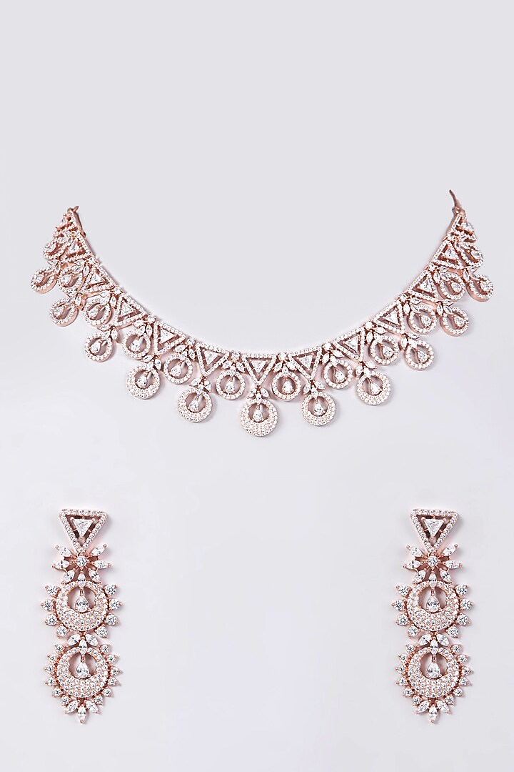 Rose Gold Finish Necklace Set With Faux Diamonds by Aster at Pernia's Pop Up Shop