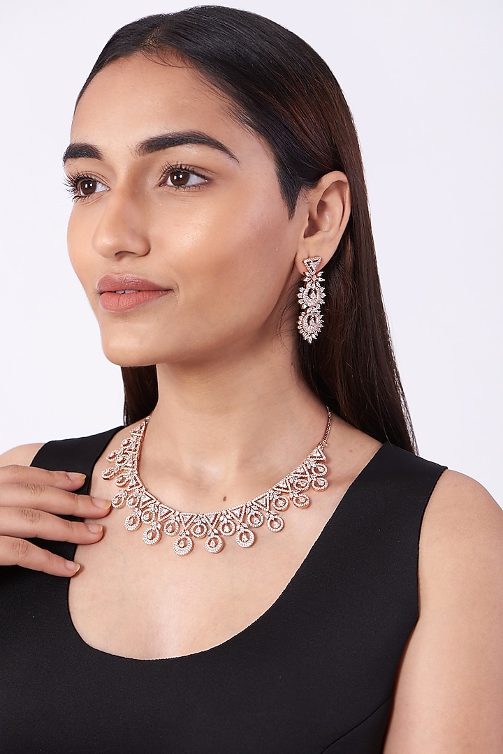 Rose Gold Finish Necklace Set With Faux Diamonds by Aster at Pernia's Pop Up Shop