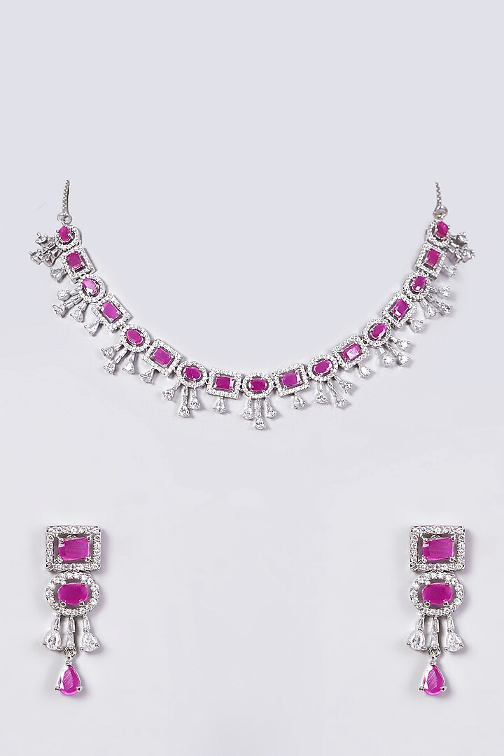 White Finish Necklace Set With Pink Stones by Aster at Pernia's Pop Up Shop