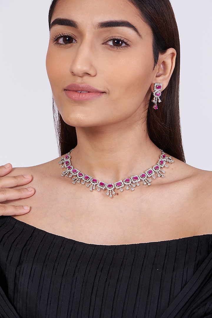 White Finish Necklace Set With Pink Stones by Aster at Pernia's Pop Up Shop