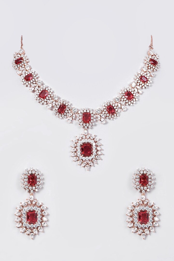 Rose Gold Finish Necklace Set With Red Stones by Aster at Pernia's Pop Up Shop