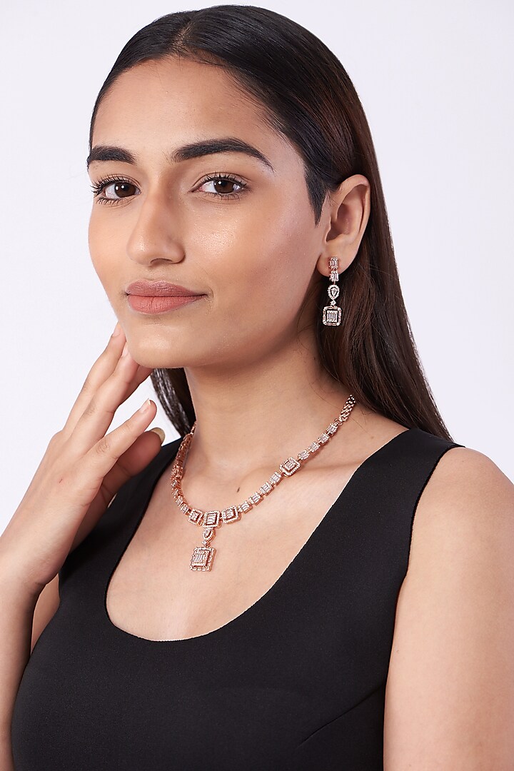 Rose Gold Finish Faux Diamond Necklace Set by Aster